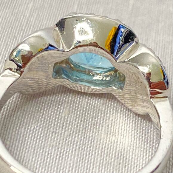 Silver Tone Cocktail Ring With Aqua Blue Central Stone And Clear Side Stones - Picture 6 of 9